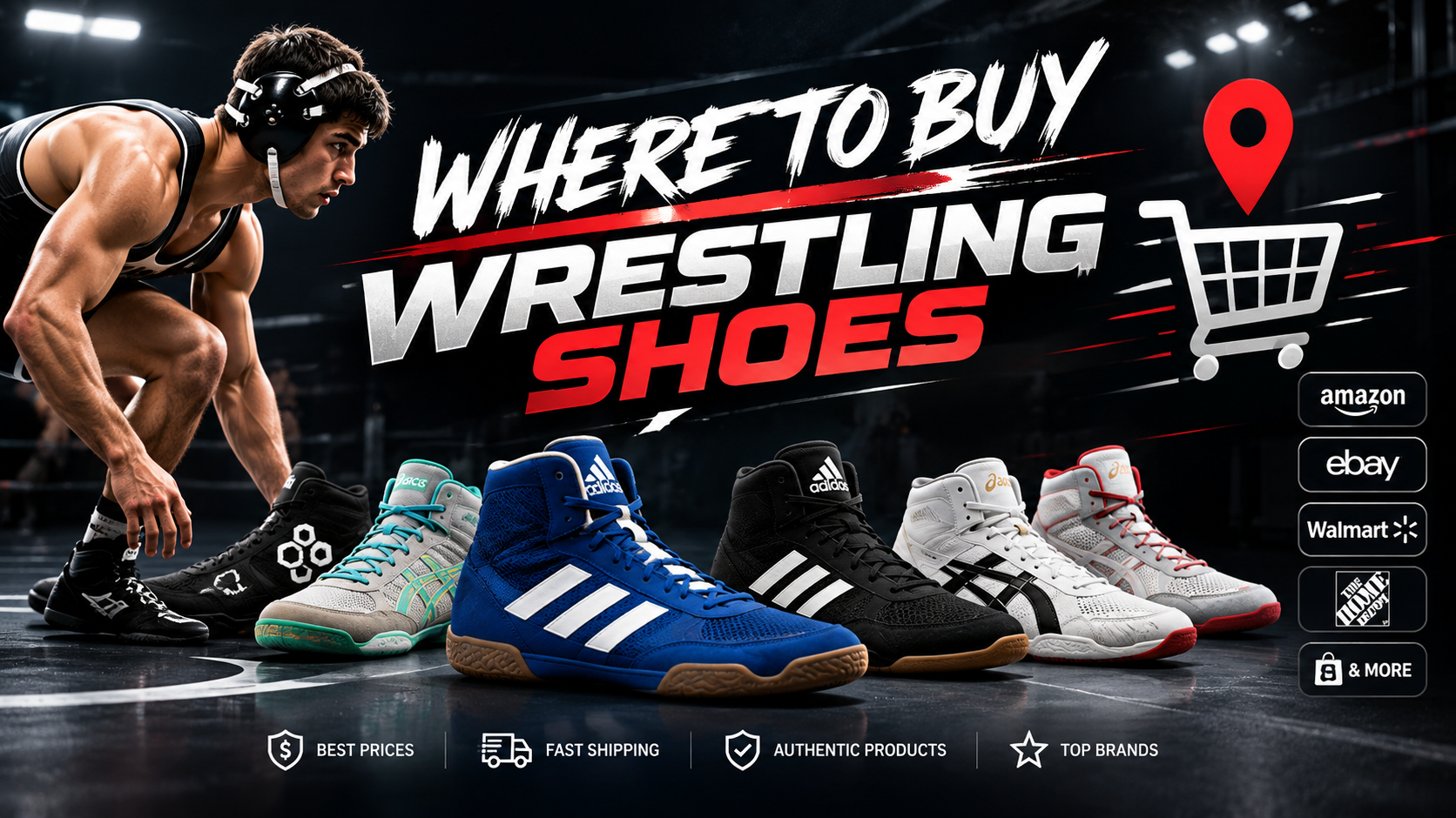 Wrestling shoes displayed at a retail store with size tags visible