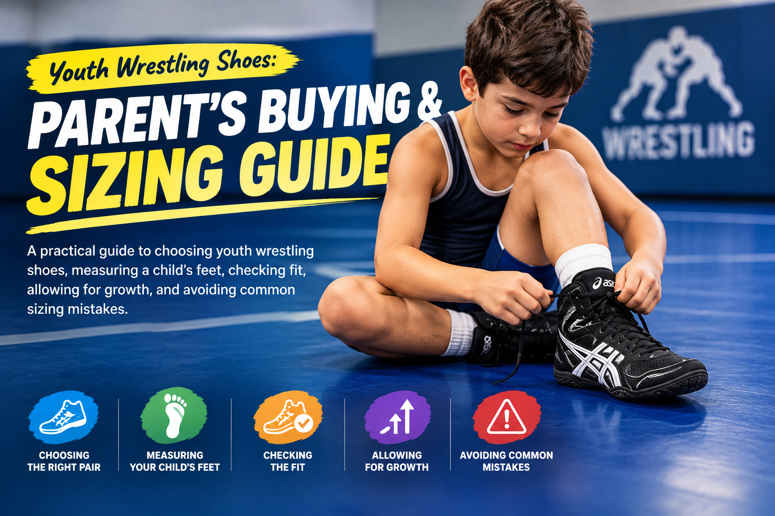 Youth wrestler tying wrestling shoes on the mat
